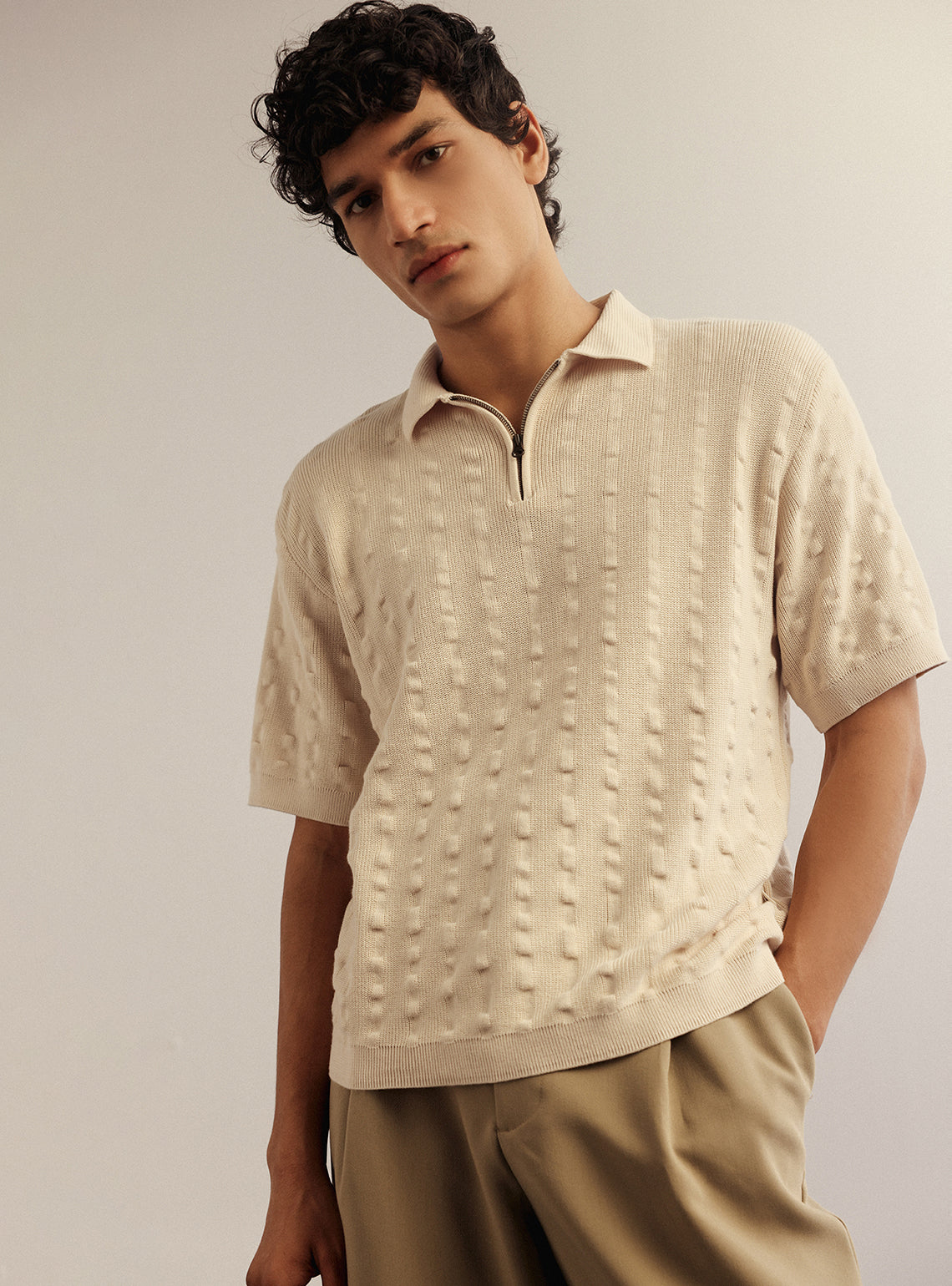 Vanilla White Cotton Seersucker Knit Polo