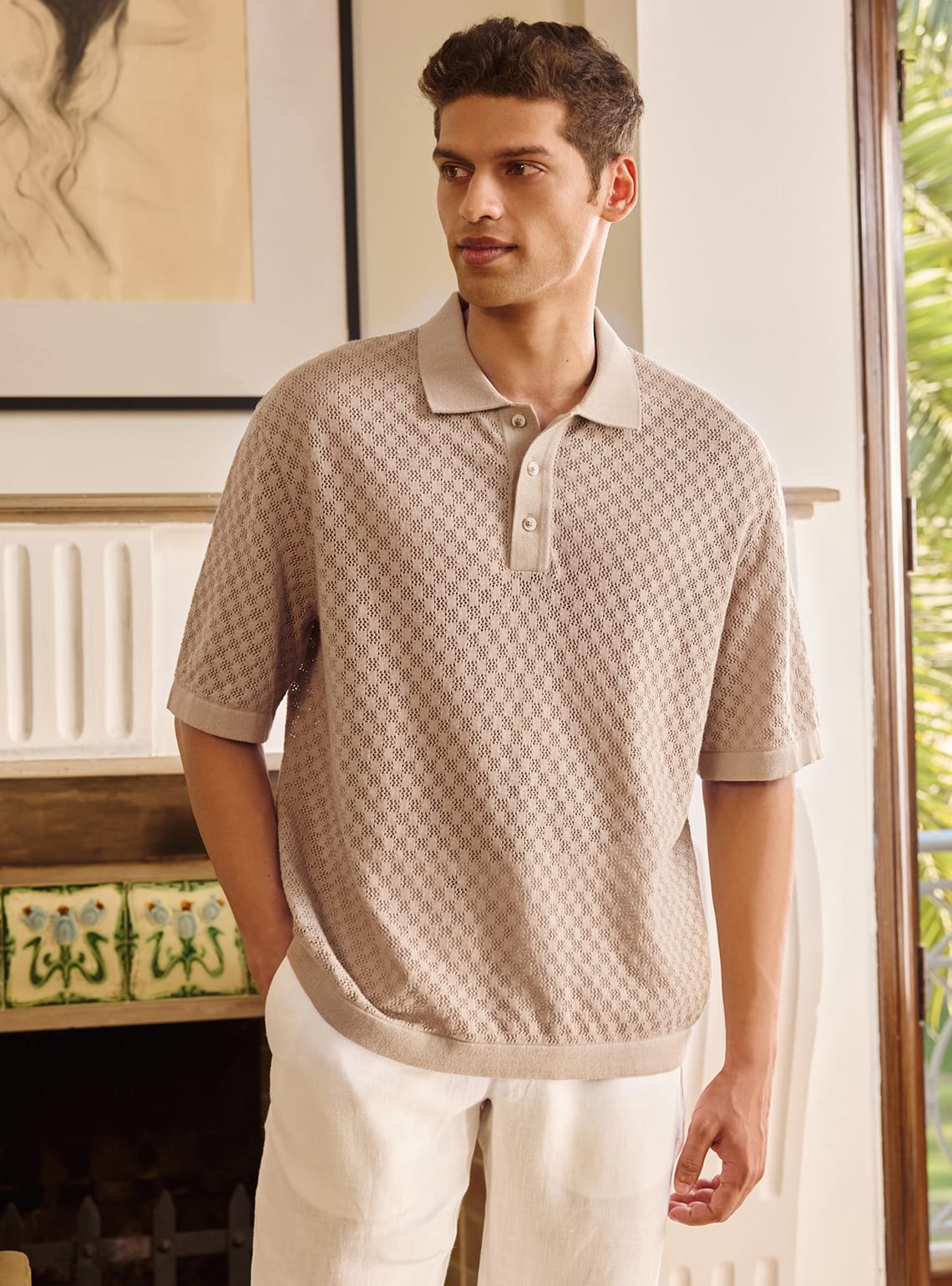 Almond Cotton Pointelle Polo