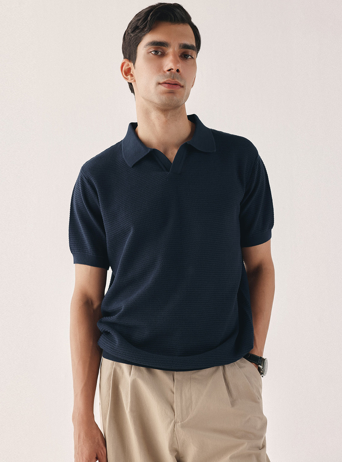 Deep Navy Cotton Textured Polo