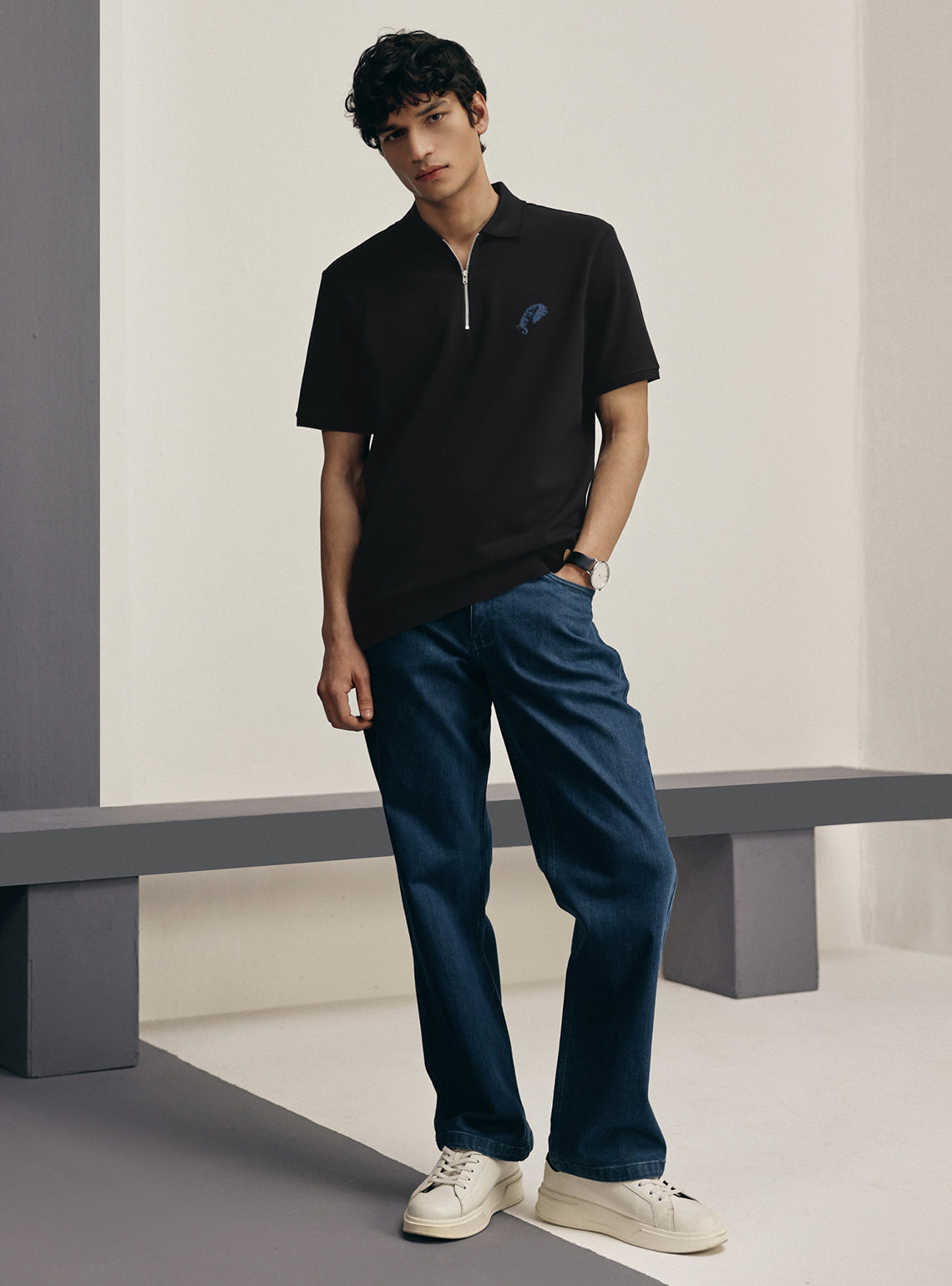 Coal Black Cotton Stretch Pique Polo