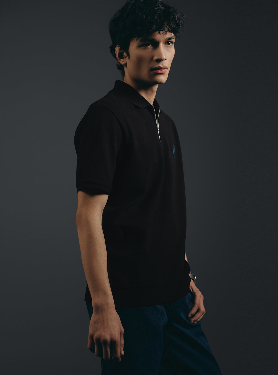 Coal Black Cotton Stretch Pique Polo