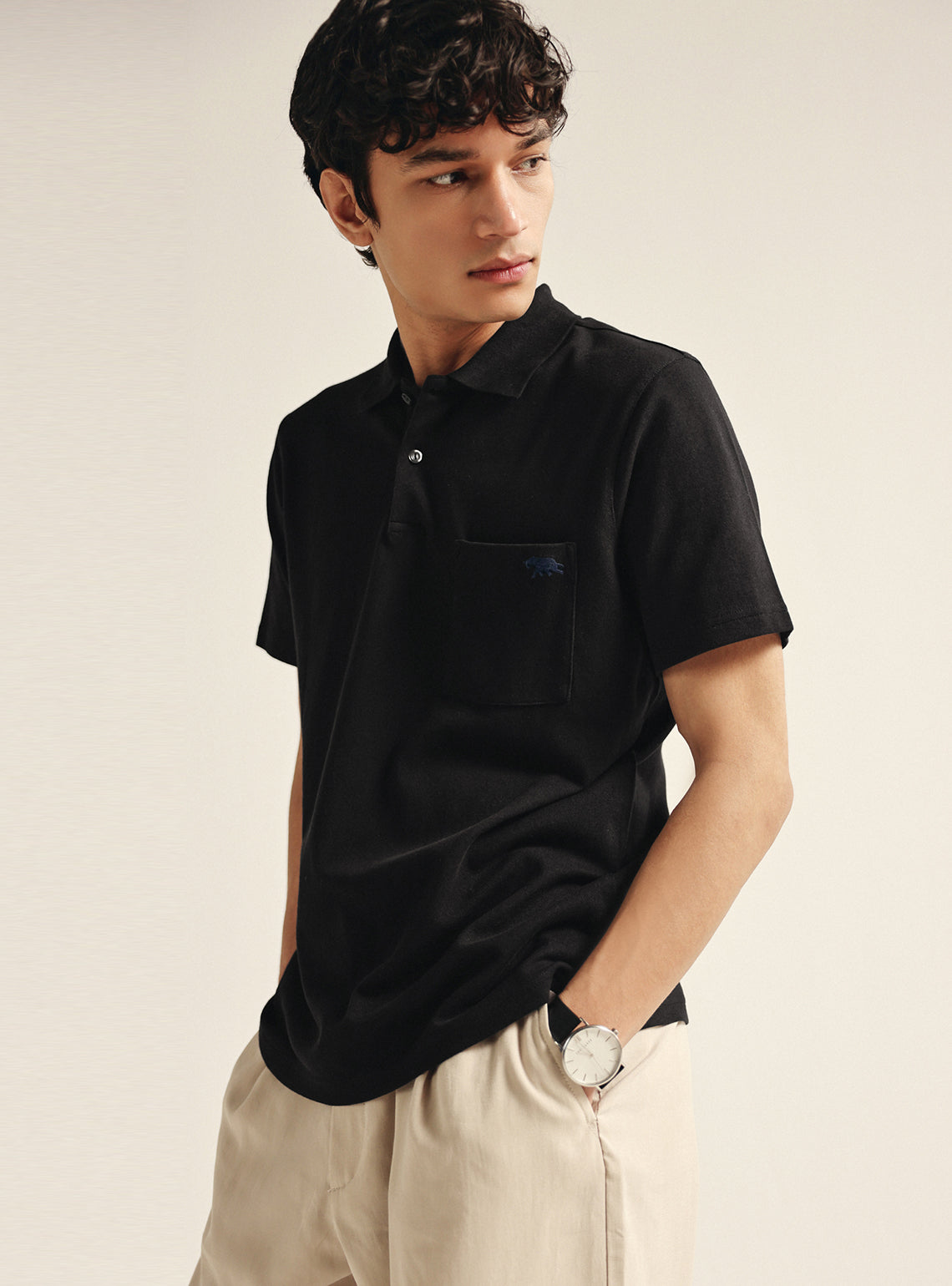 Ink Black Cotton Stretch Pocket Polo