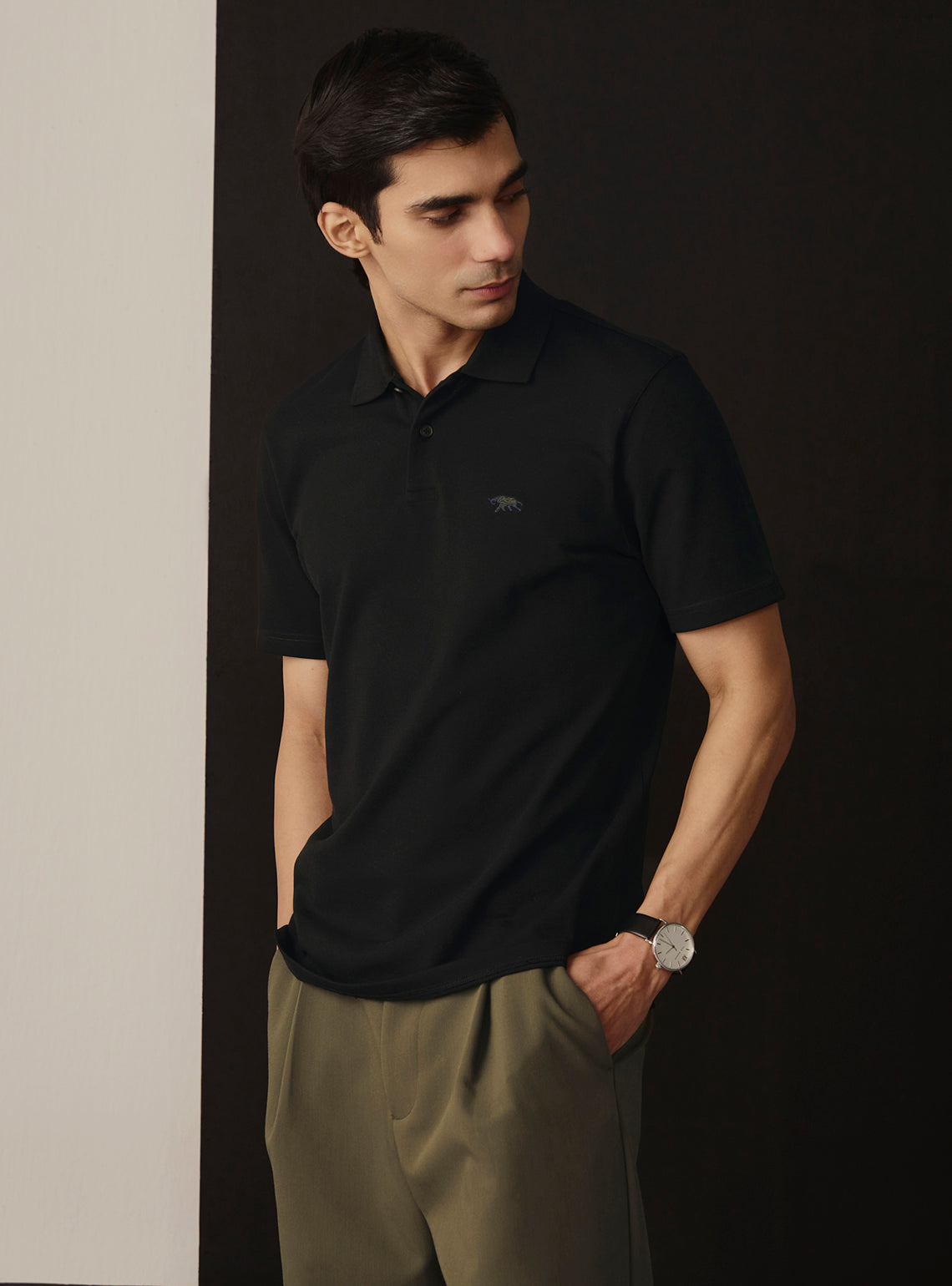 Coal Black Cotton Stretch Polo