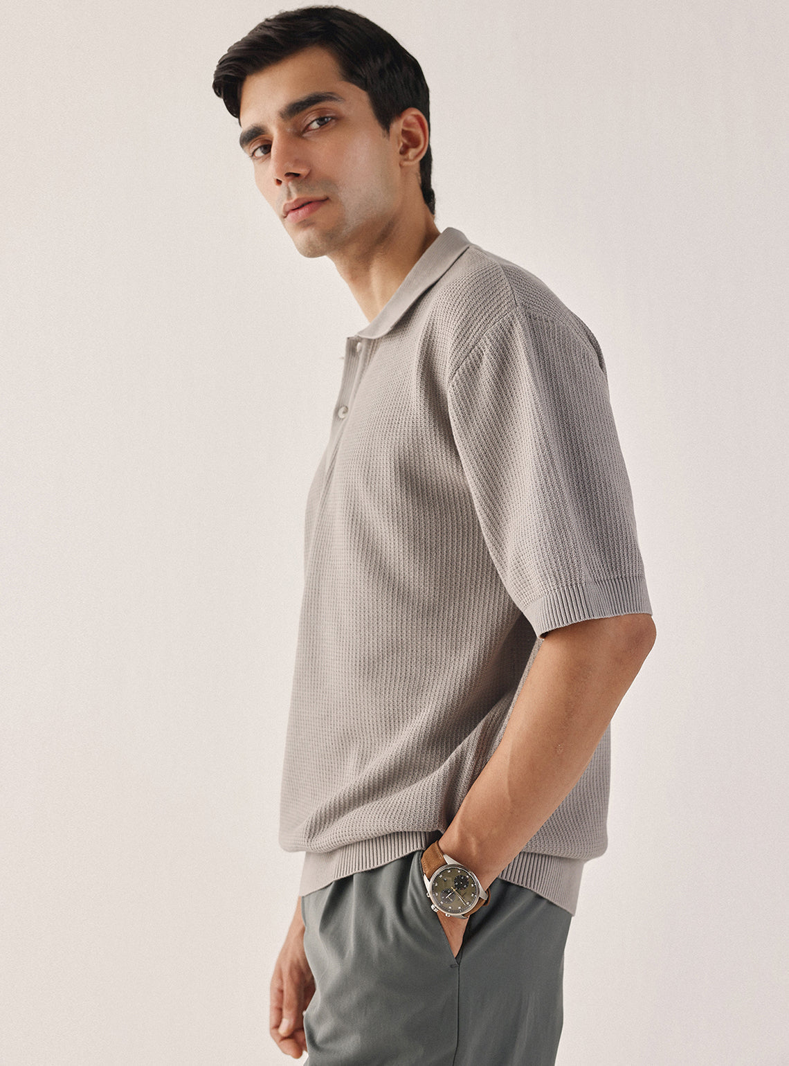 Nomad Grey Cotton Textured Polo