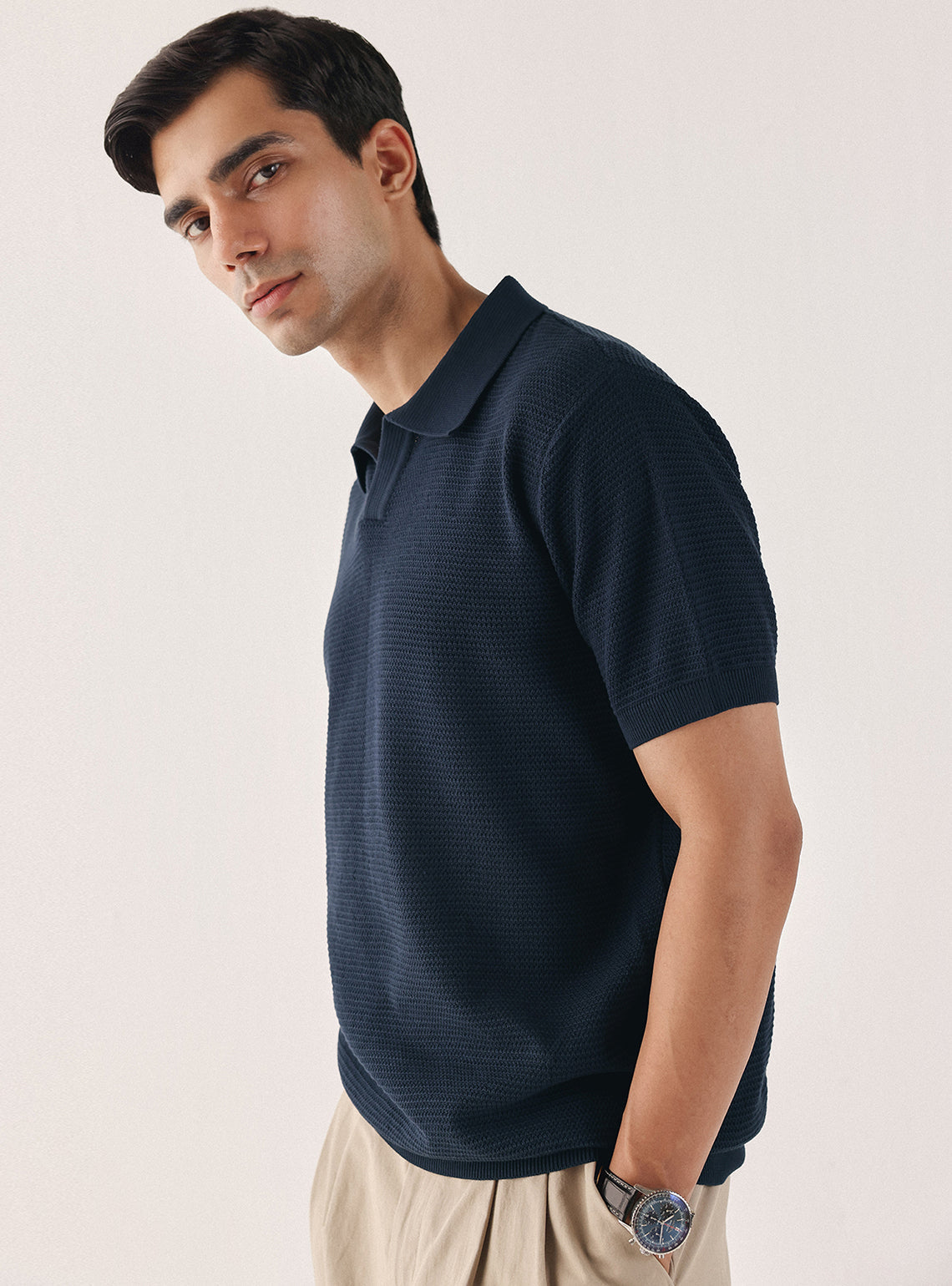 Deep Navy Cotton Textured Polo