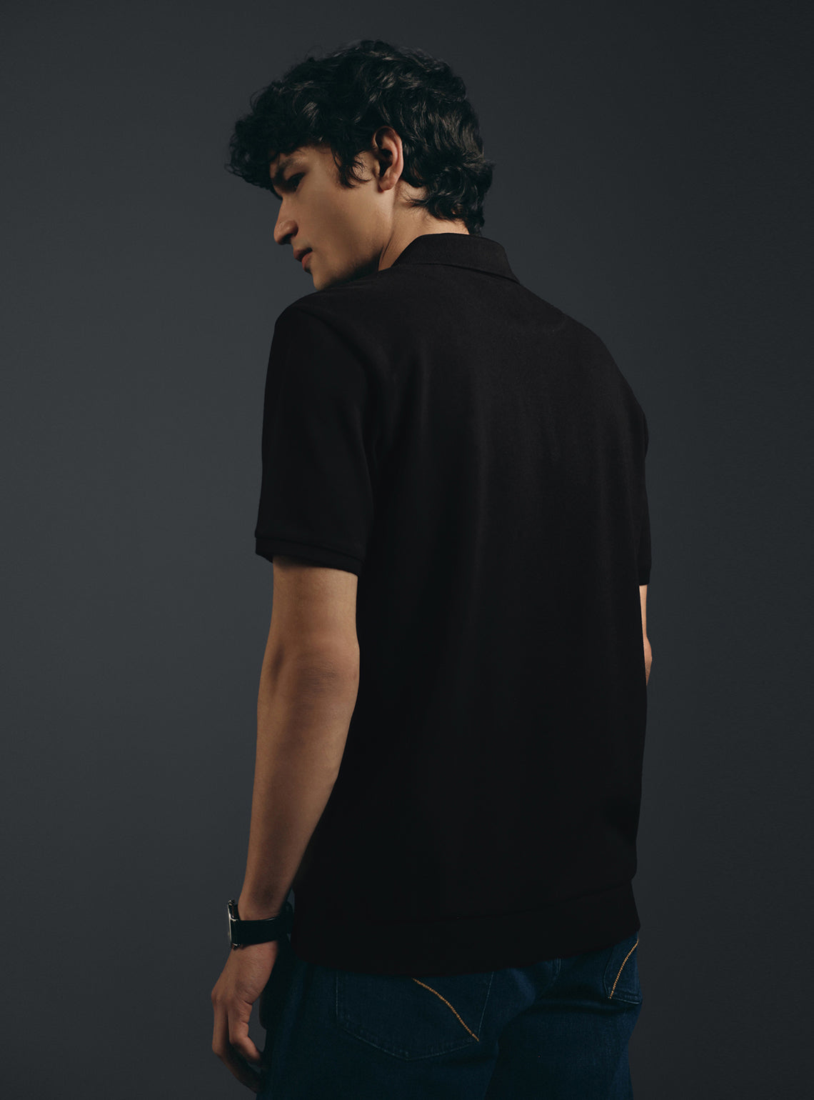 Coal Black Cotton Stretch Pique Polo