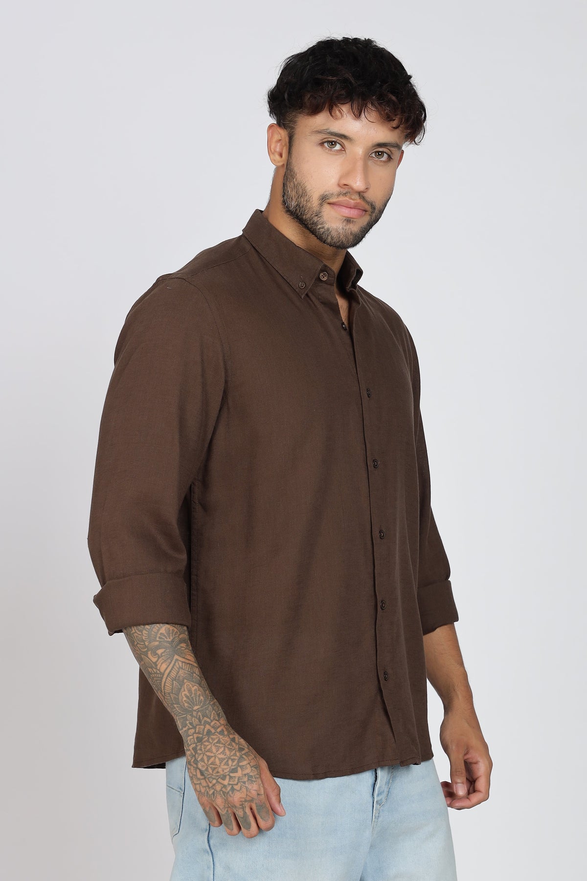 Men's Full Sleeves Plain Brown Shirt | Imported Linen Fabric | Formal & Party Wear