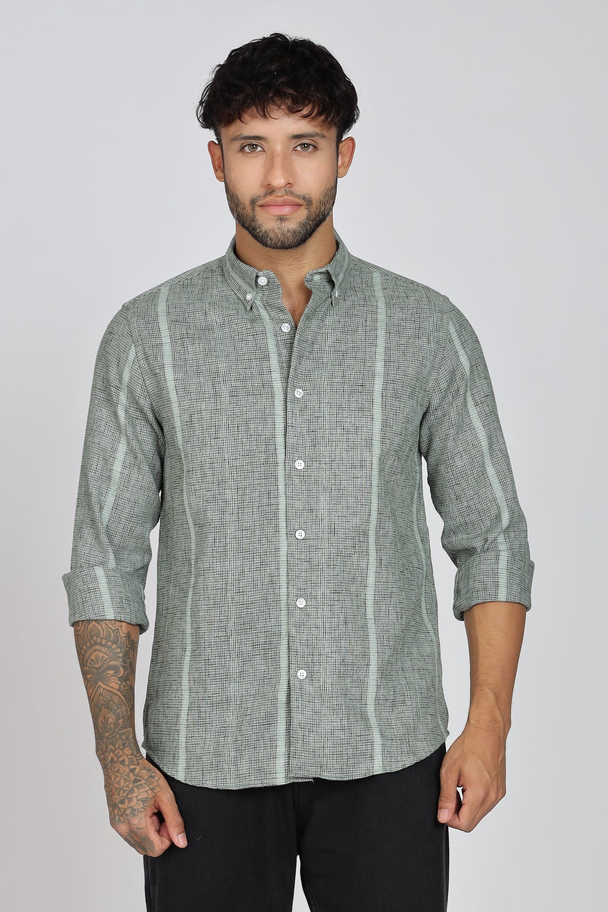 Men's Full Sleeves Stripped Light Green Shirt | Kinitted Fabric | Casual Wear
