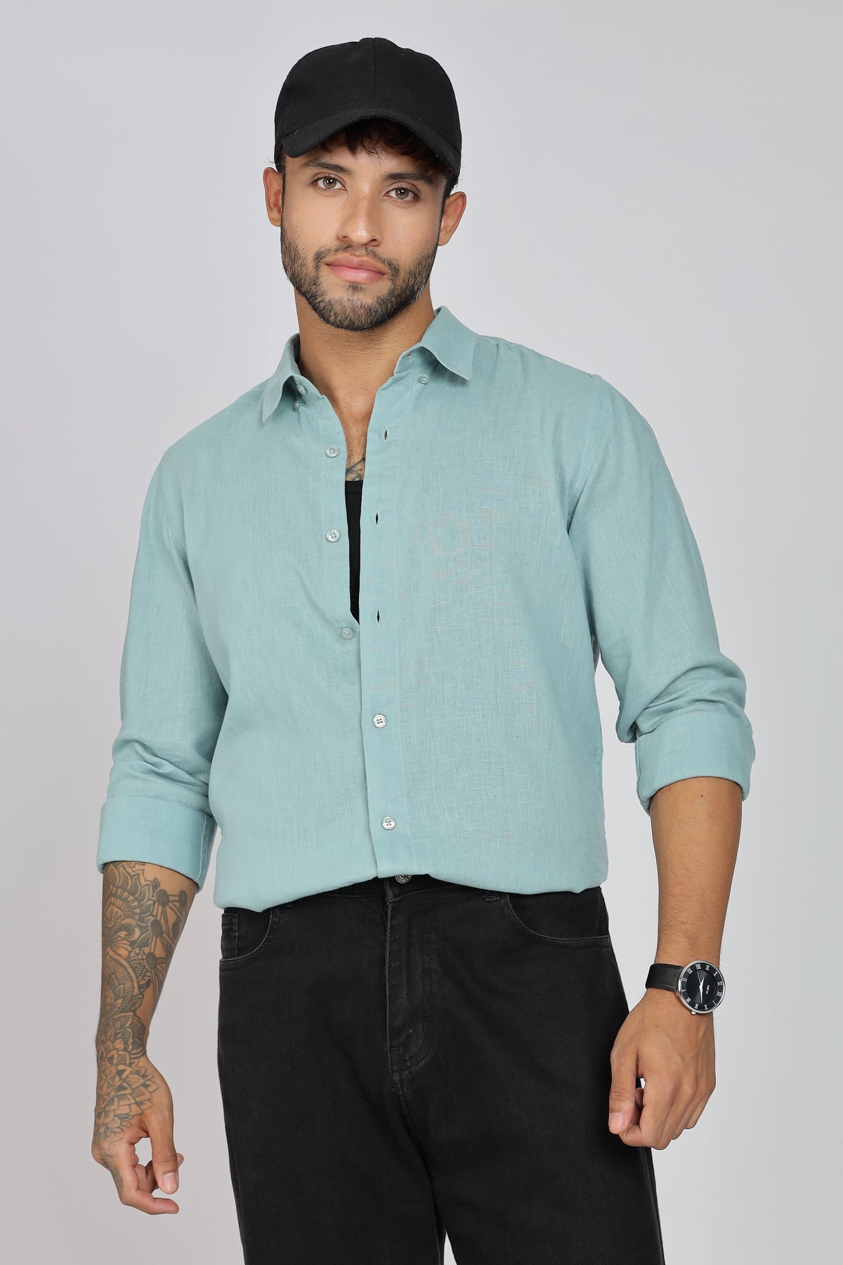 Men's Full Sleeves Plain Sea Green Shirt | Imported Linen Fabric | Club, Formal & Party Wear