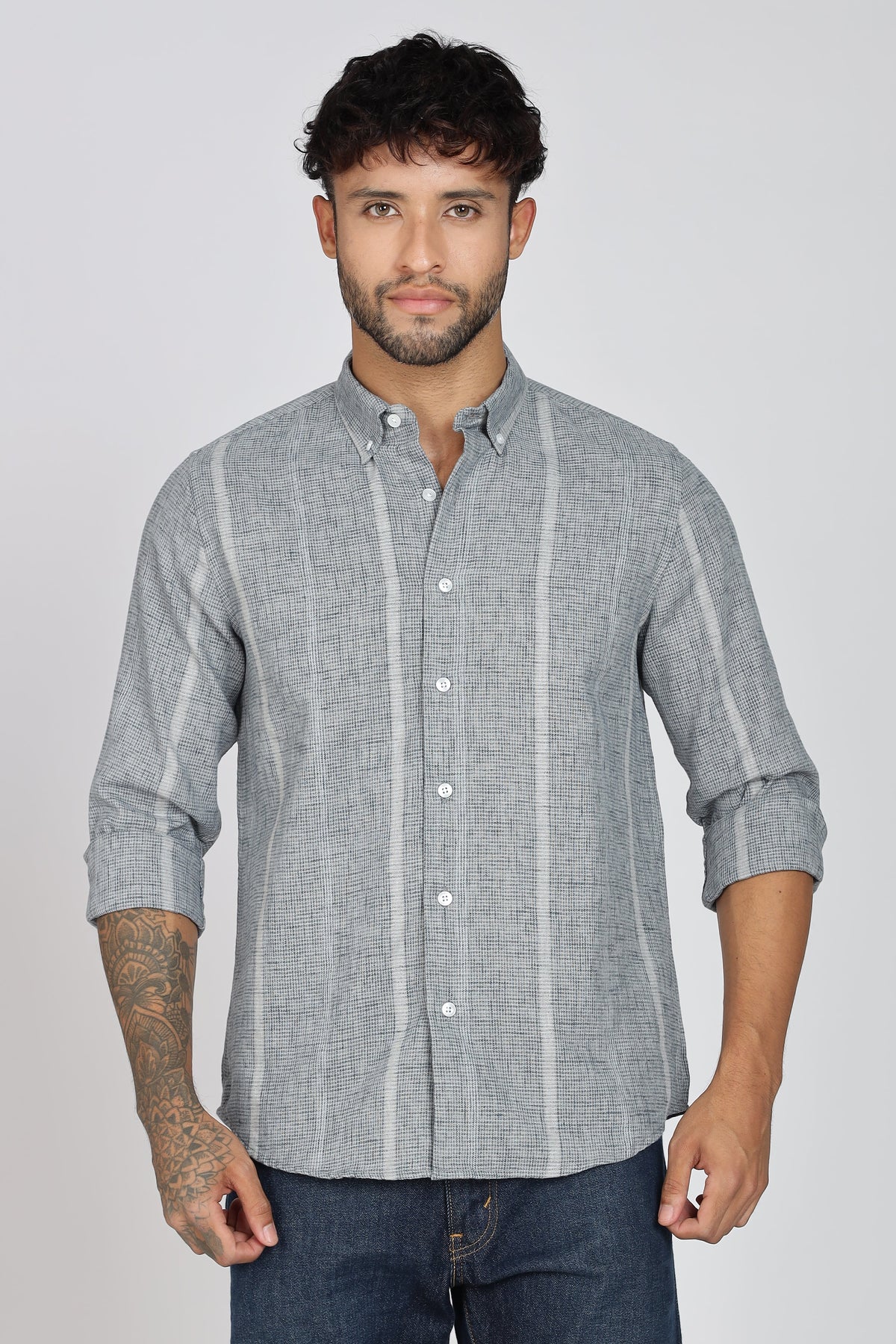 Men's Full Sleeves Stripped Blueish Green Shirt | Kinitted Fabric | Casual Wear