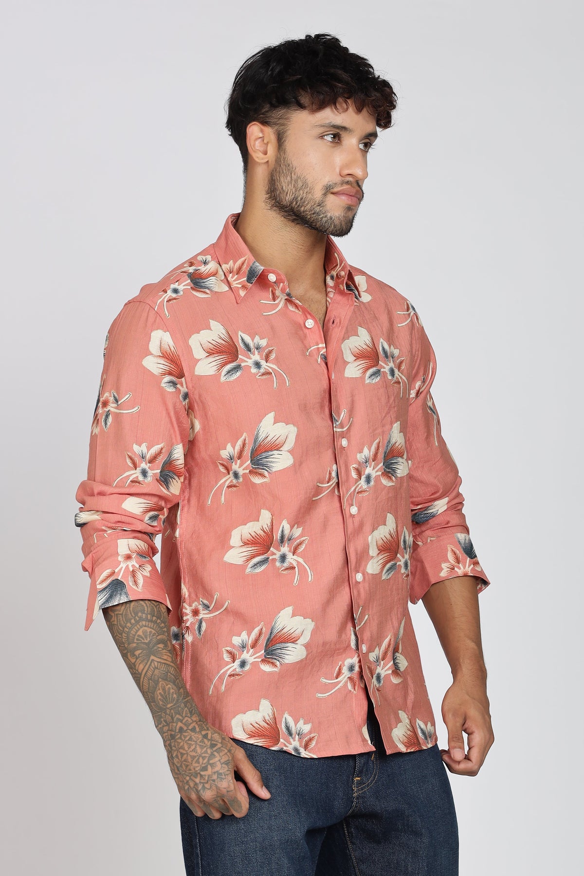 Men's Full Sleeves Floral Orange Shirt | Heavy Cotton Fabric| Beach & Holiday Wear
