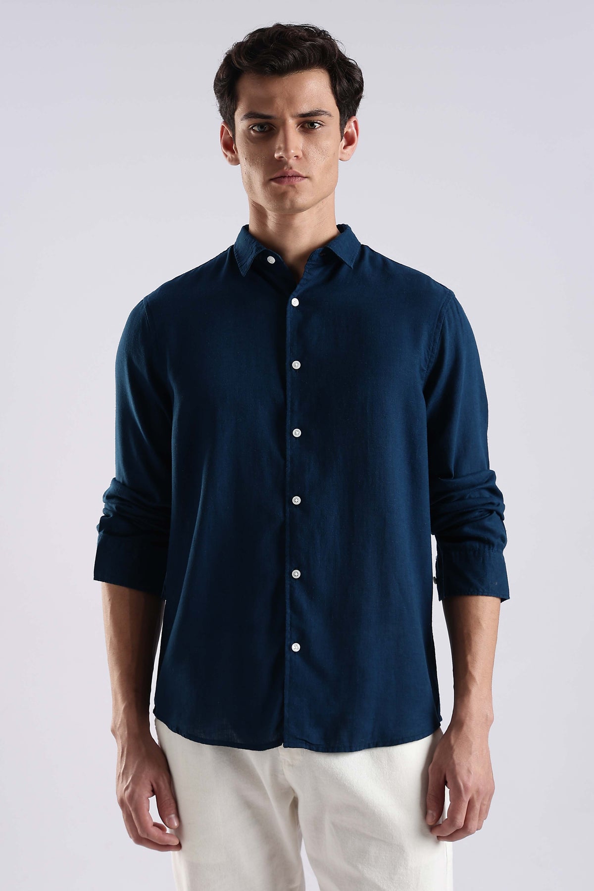 Regular fit peacock Blue Linen Blend Shirt