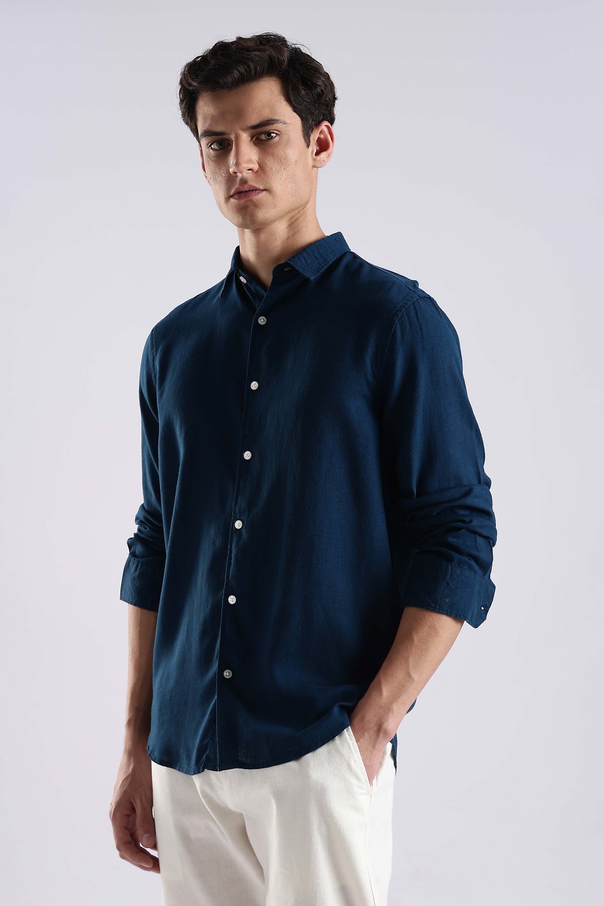 Regular fit peacock Blue Linen Blend Shirt