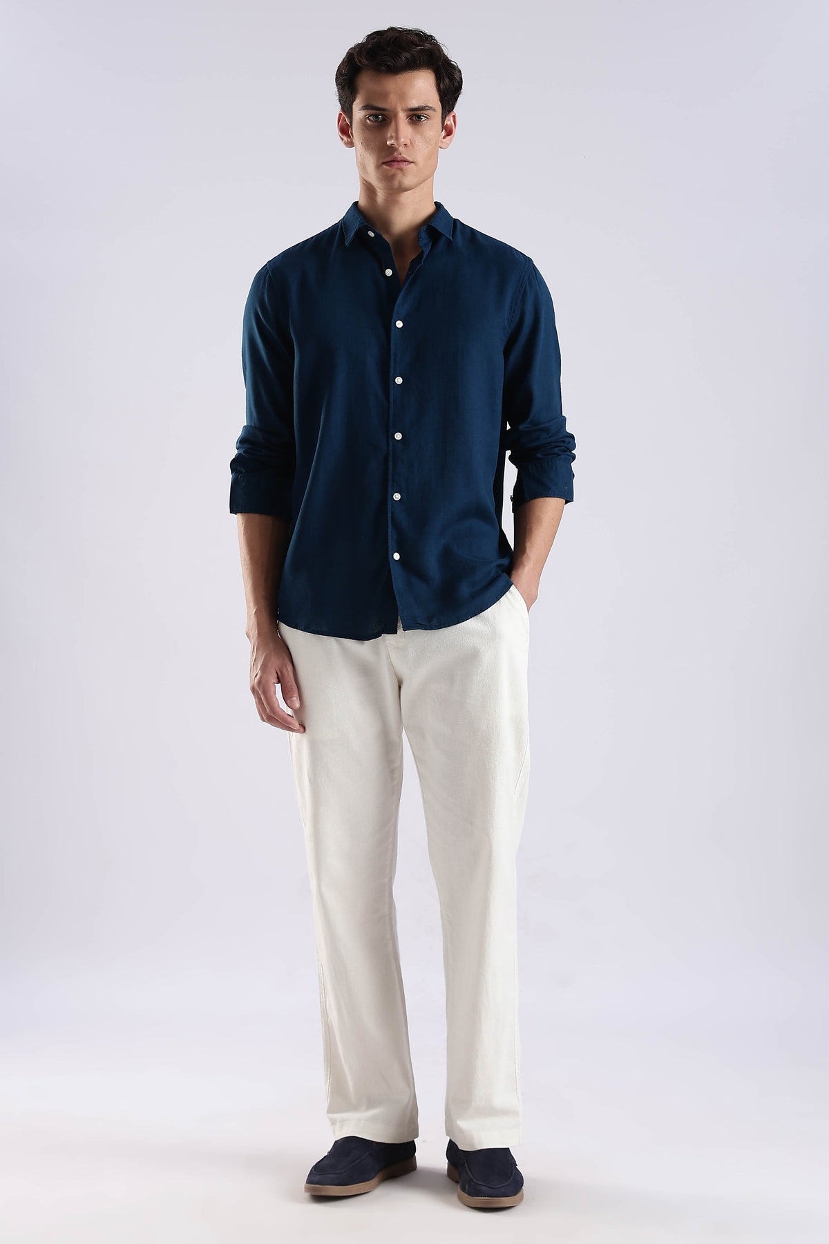Regular fit peacock Blue Linen Blend Shirt