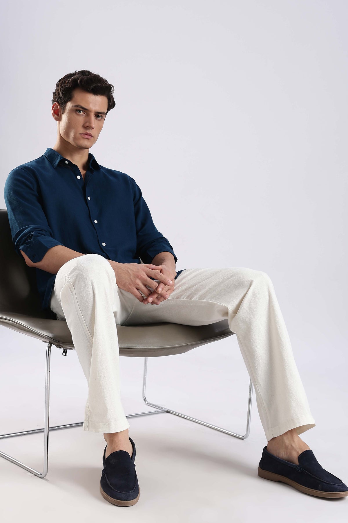 Regular fit peacock Blue Linen Blend Shirt