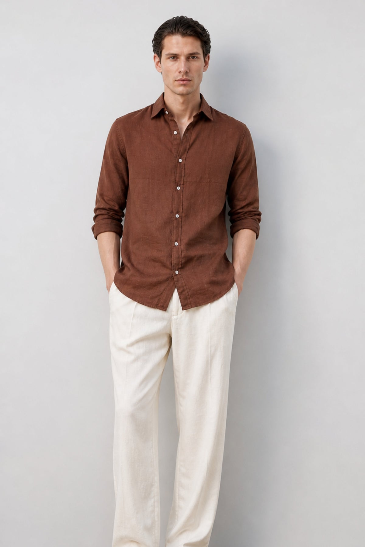 100% Pure Linen Brown Shirt