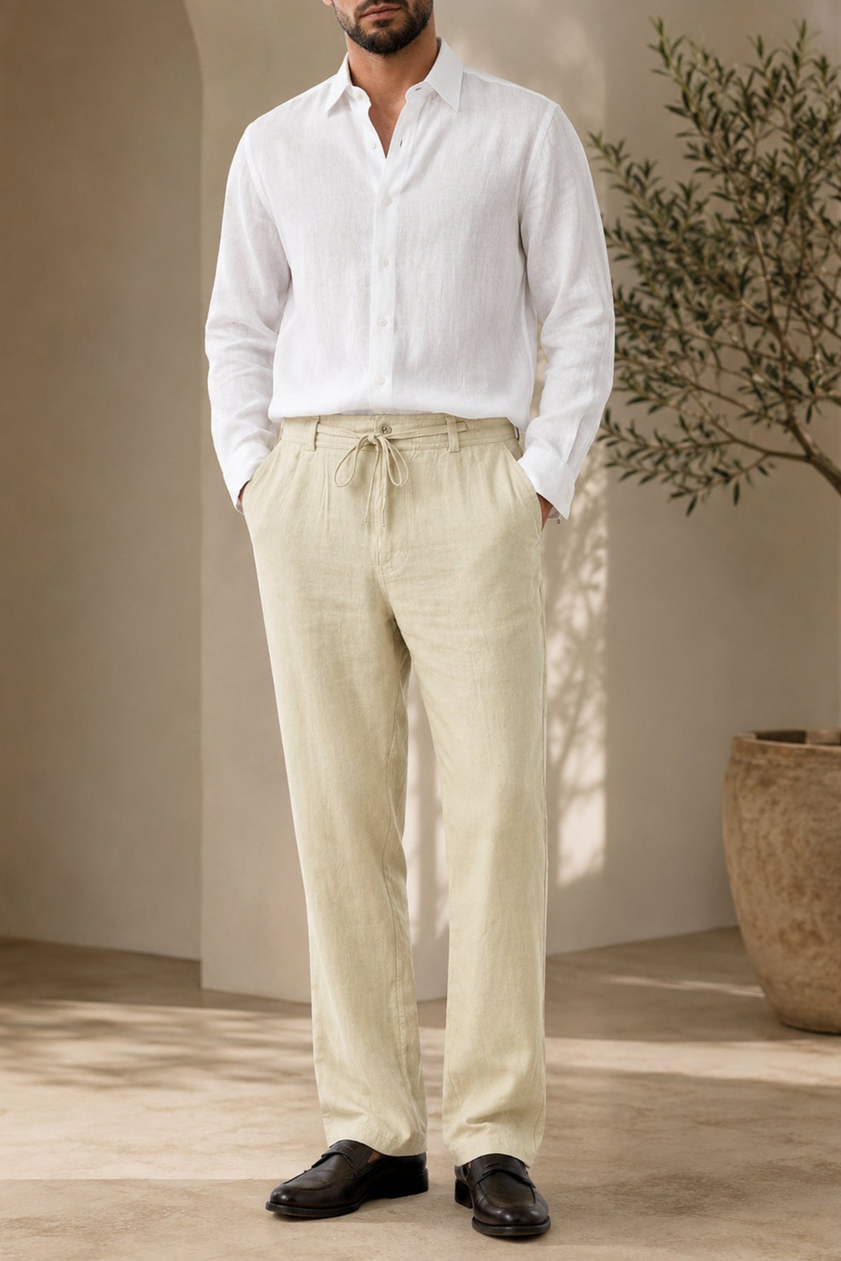 Light Olive Relaxed Fit Linen Pants