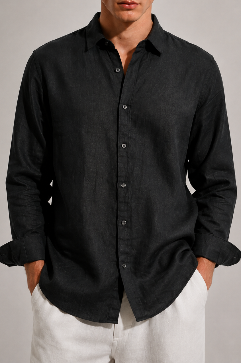 100% Linen Black Relaxed Fit Shirt