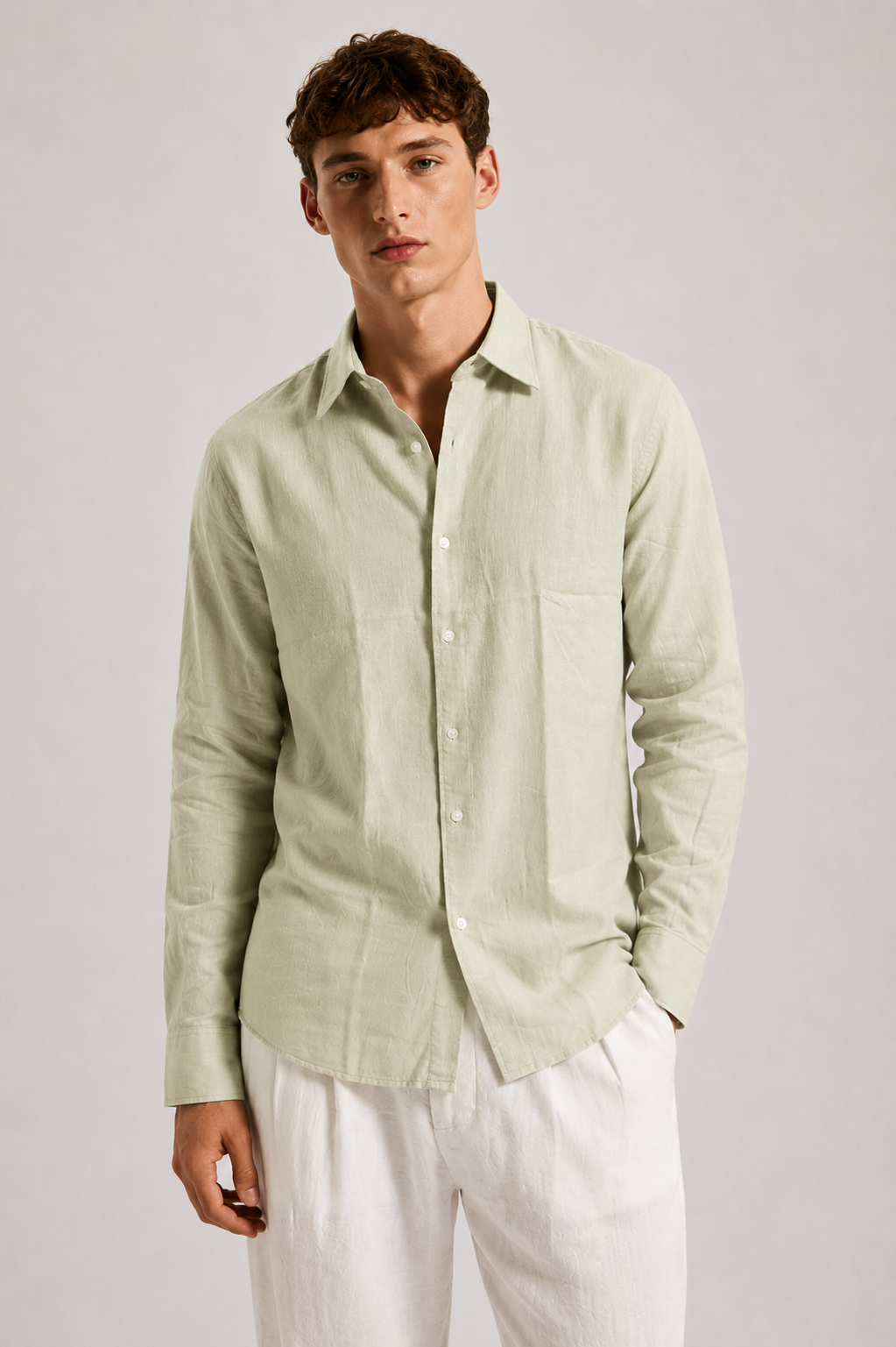 Pistachio Beige Linen Blend Shirt