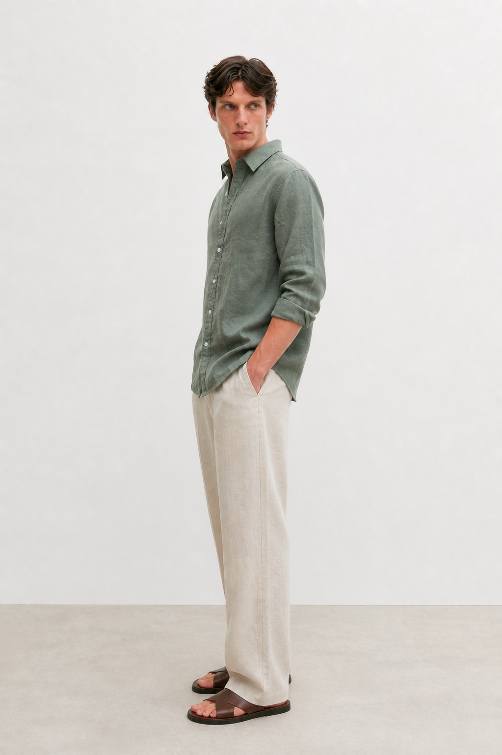 100% Pure Linen Olive Green Shirt
