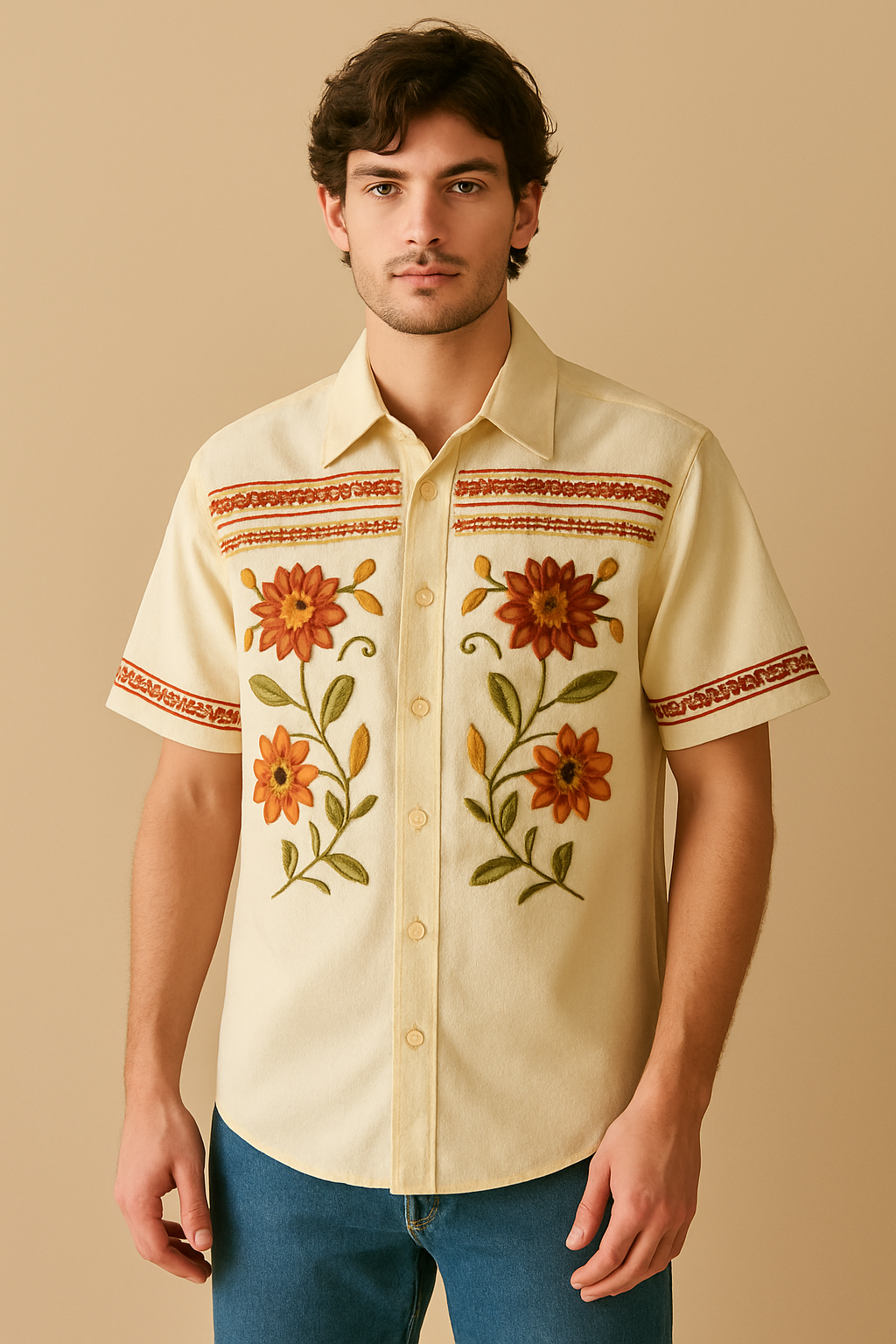 Men’s Vintage Floral Embroidered Short Sleeve Shirt