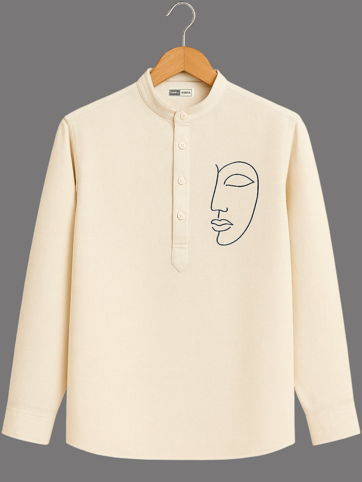 Men’s Premium Cotton Kurta Shirt – Minimal Face Embroidery | Festive & Casual Wear
