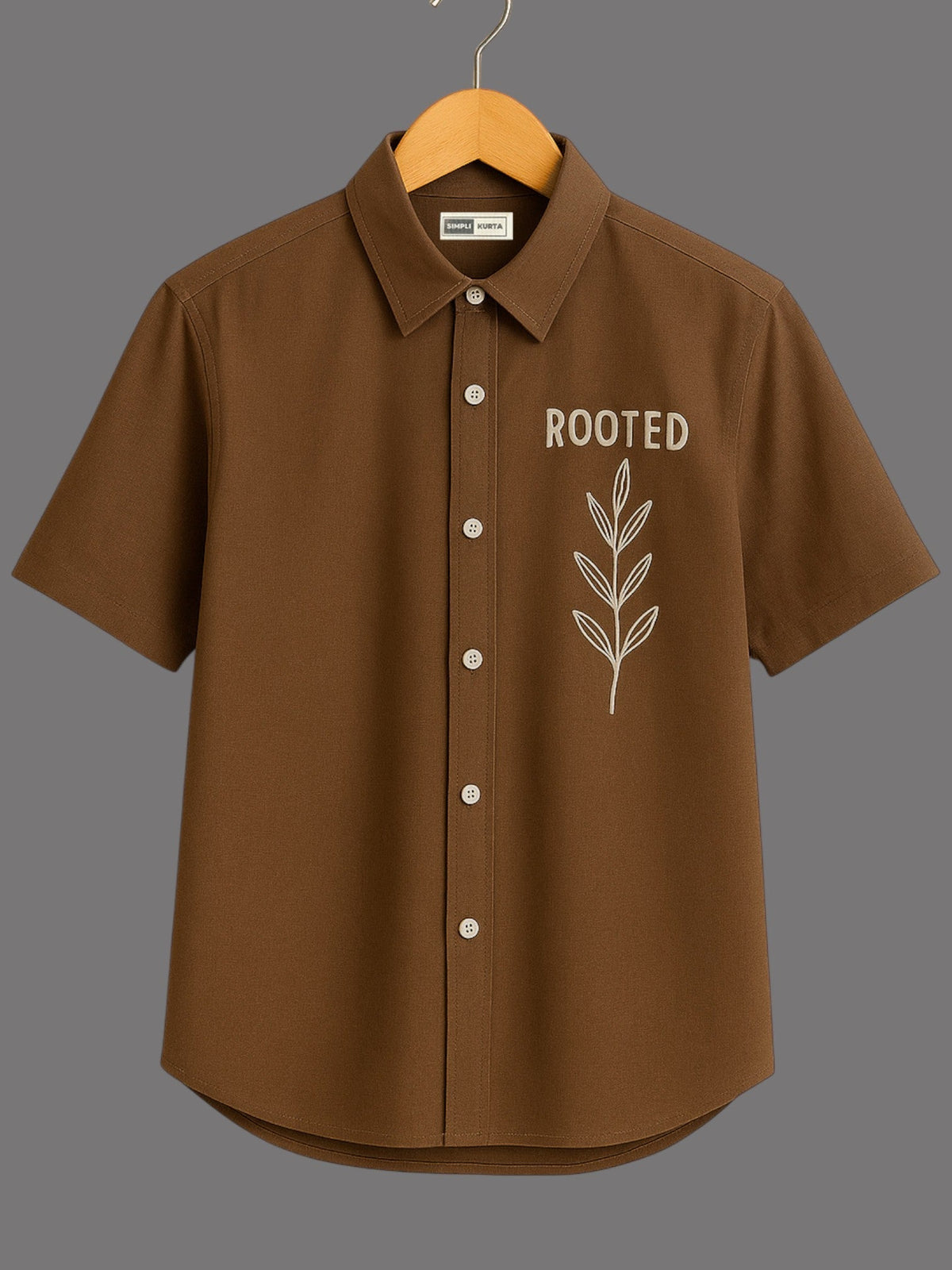 Men’s Brown Cotton Short-Sleeve Shirt – Embroidery | Casual & Everyday Wear