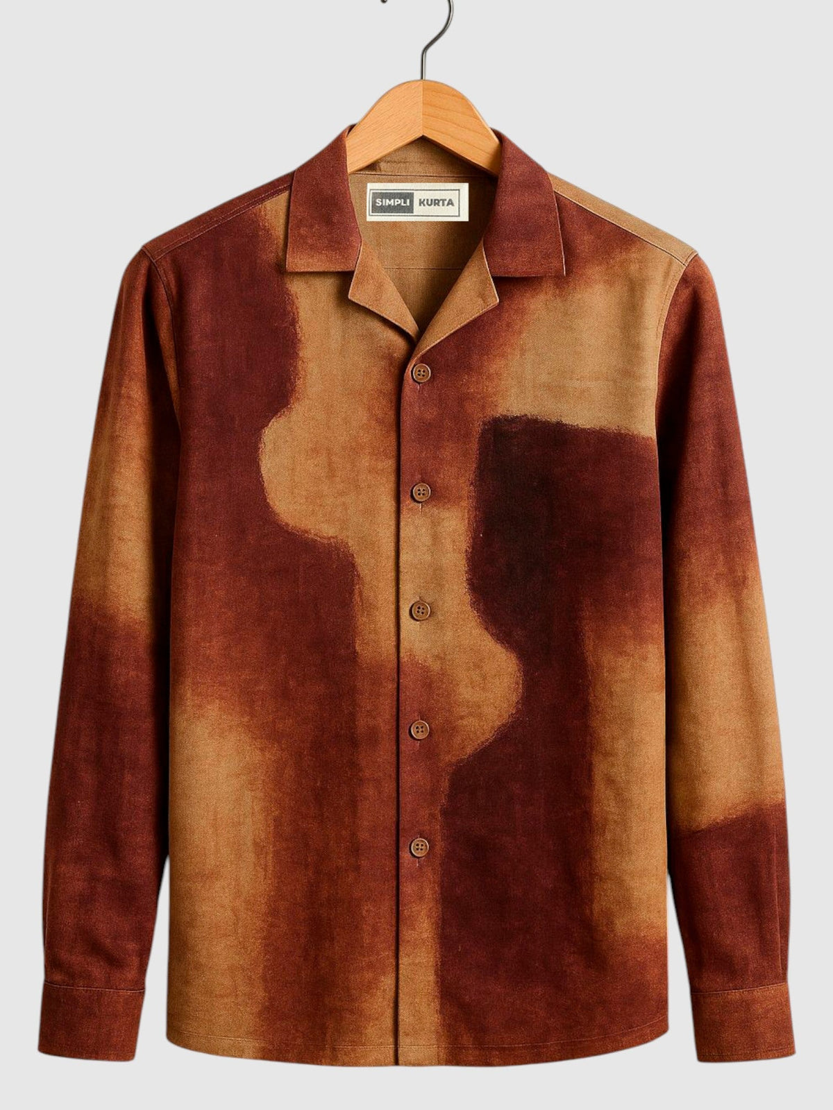 Men's Oversized Abstract Brush-Dyed Casual Shirt – Brown & Beige Artistic Print